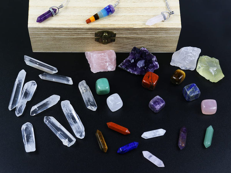 Nvzi Healing Crystals Kit in Wooden Box, Chakra Crystals Set, Crystals for Beginners, Meditation Accessories, Cristal Stone, Amethyst Crystal, Raw Crystals and Gemstones, Spiritual Gifts for Women Crystal Wands Set - BeesActive Australia