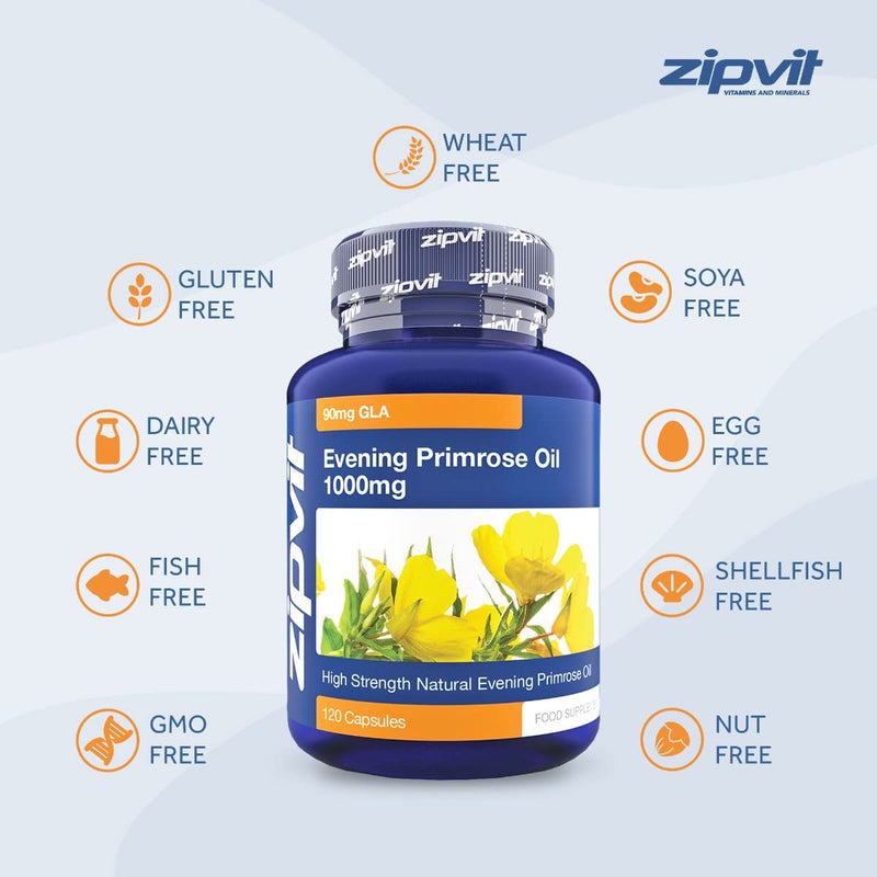 Zipvit Evening Primrose Oil 1000mg, 120 Capsules. Omega 6 90mg. Linoleic Acid 650mg. Supports Maintenance of Normal Blood Cholesterol. 4 Months Supply. UK Supplier. Jar of 120 Softgel Capsules - BeesActive Australia