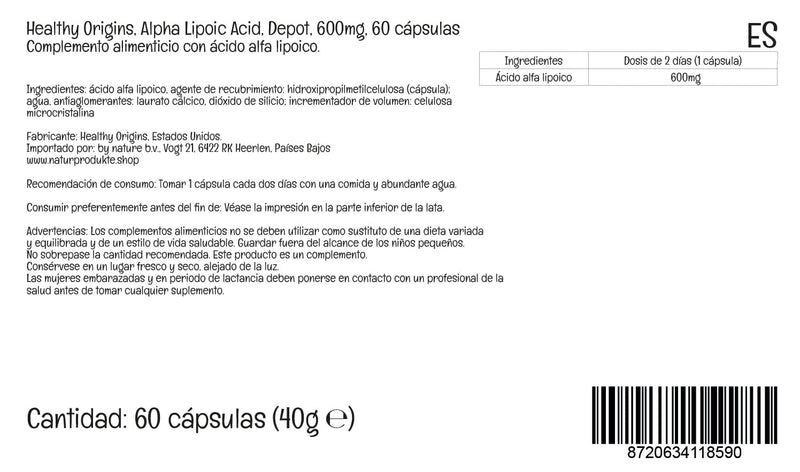 Healthy Origins Alpha-Lipoic Acid, 600mg, Depot, 60 Vegan Capsules, Laboratory Tested, Vegetarian, Gluten Free, SOYA Free, Non-GMO - BeesActive Australia