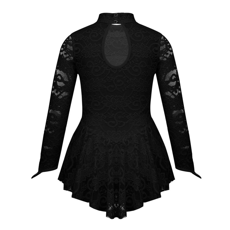 [AUSTRALIA] - easyforever Kids Girls Figure Skating Roller Skater Leotard Dress Floral Lace Long Sleeve Tutu Skirt Dancewear Black 13-14 