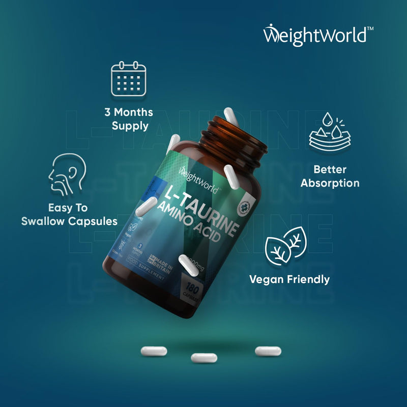 L Taurine 1000mg Capsules - 180 High Strength Taurine Capsules (3 Months Supply) - Vegan Amino Acid Taurine Supplement for Overall Health - Pre Workout Supplement for Men & Women - Made in The UK - BeesActive Australia