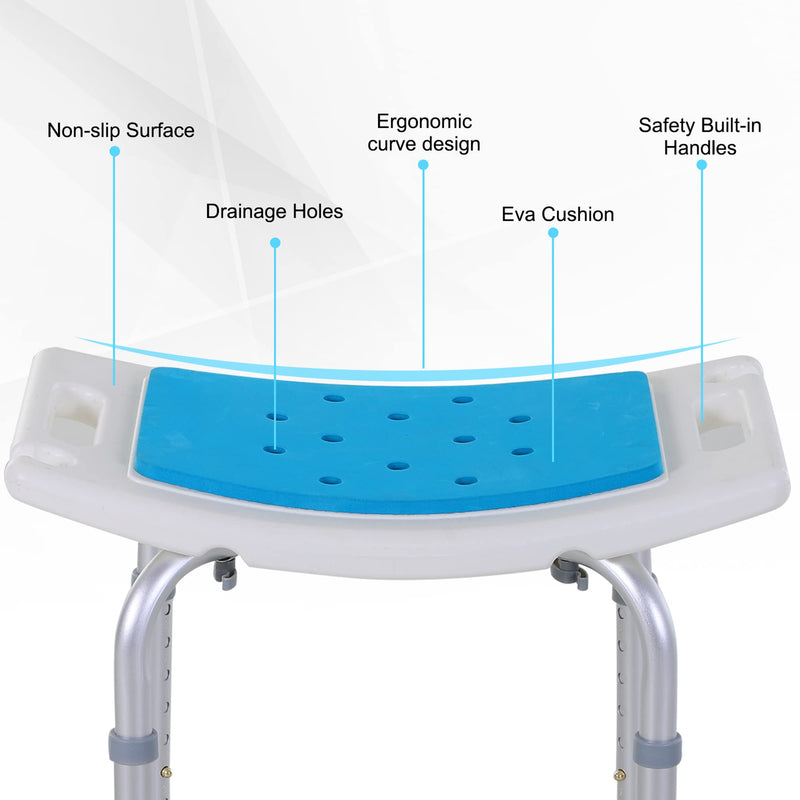 HOMCOM 6-Level Height Adjustable Aluminium Bath Room Stool Chair Shower Non-Slip Design w/Padded Seat Drainage Holes Foot Pad - BeesActive Australia