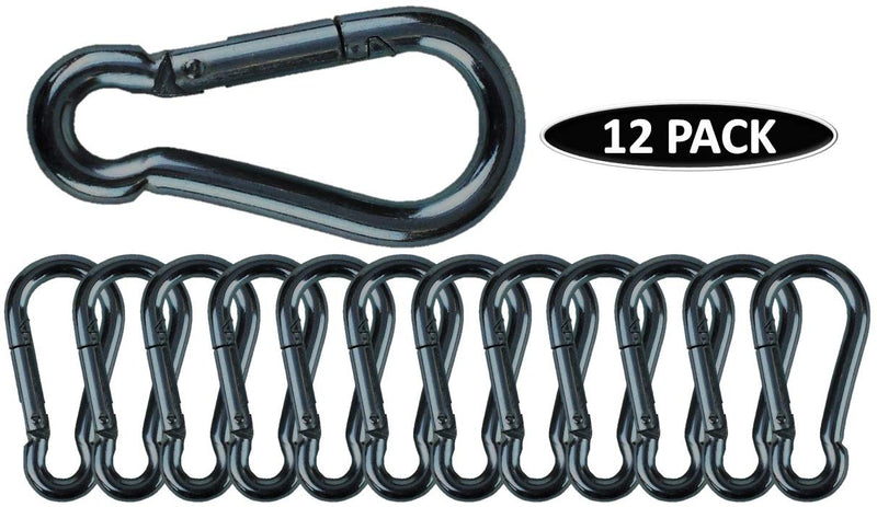 Branded Boards Black & Silver Heavy Duty Bushcraft Zinc-Galvanized Steel Carabiner Spring Snap Clip Link Hooks. 200-400lb Load. 6 Packs, 12 Packs and Variety Packs. Black-7cm-12 Pack - BeesActive Australia