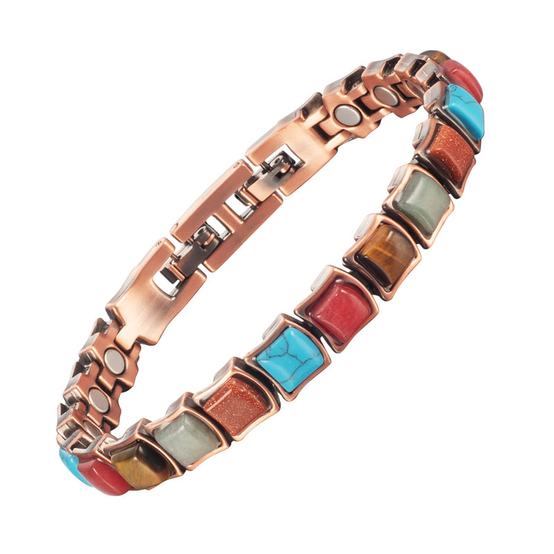 EnerMagiX Copper Magnetic Bracelet Men Women Magnetic Bracelets with Magnets and Multi-Color Stone Wristband Gifts Adjustable Size - BeesActive Australia