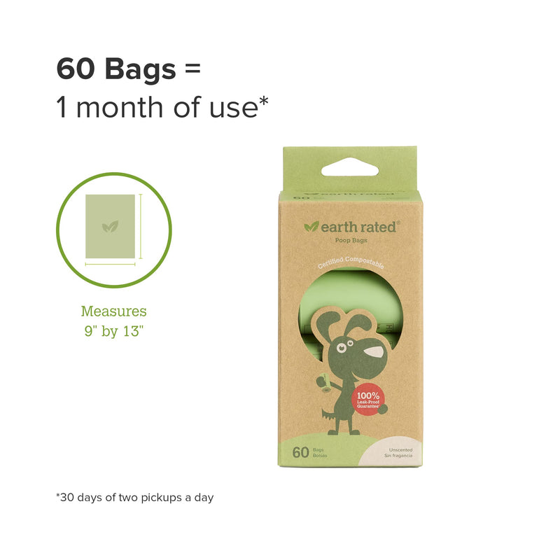 Earth Rated Compostable Dog Poop Bags, BPI-Approved, 60 Thick Poop Bags for Dogs Made From Vegetable Starch, Guaranteed Leak-proof, Unscented, 4 Refill Rolls, Each Pet Poop Bag Measures 9 x 13 Inches - BeesActive Australia