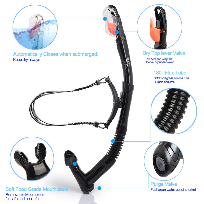 EXP VISION Dry Snorkel, Adult Dive Snorkel Free Breath Diving Snorkel Tube Food-Grade Silicone Mouthpiece Snorkeling Gear with Splash Guard Top Valve and Headstrap Clip for Snorkeling Swimming A-Black - BeesActive Australia