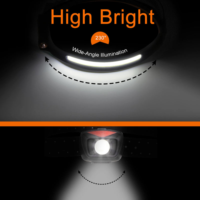 Headlamp Flashlight, 2Pack Rechargeable LED Headlamps 1200Lumens 2 COB 230°Wide Beam Headlight with Motion Sensor Bright 5 Modes Lightweight Waterproof Head Lamp for Outdoor Running, Camping Hiking Black+black - BeesActive Australia