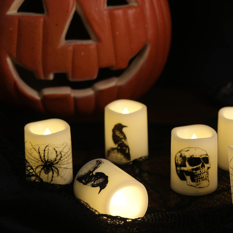 Wondise Halloween Flameless Tea Light Candles with Timer, 6 pcs Battery Operated LED Flickering Votive Candle with Skull Spider Crow Print for Halloween Decoration - BeesActive Australia