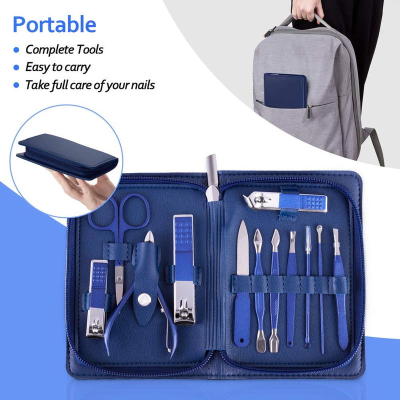 Manicure Set 12 in 1 Nail Clipper Kit Stainless Steel Nail Cutter Set Care Tools Professional Grooming Kit with Leather Travel Case for Women and Men Blue - BeesActive Australia