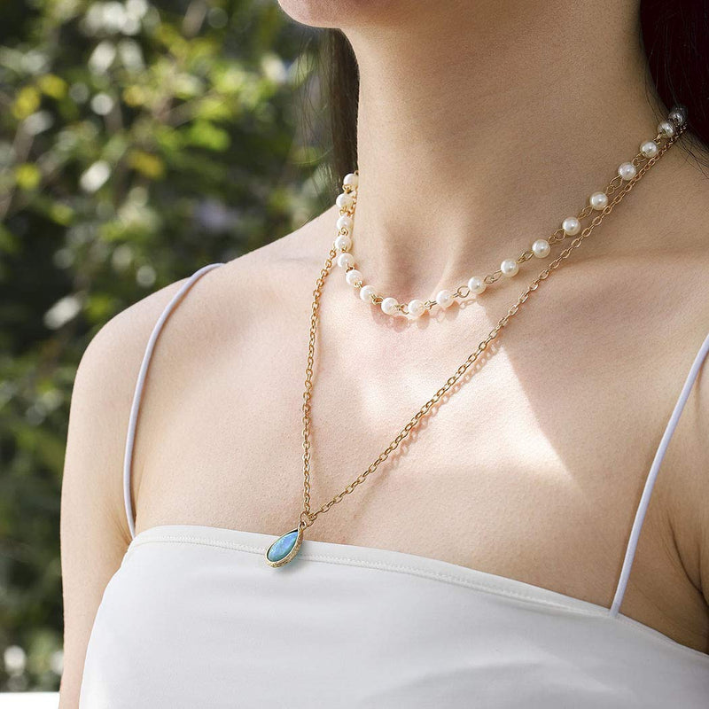 Zehory Boho Rhinestone Layered Necklace Gold Pearl Necklaces Crystal Teardrop Pendant Necklace Chain for Women and Girls (Blue) Blue - BeesActive Australia