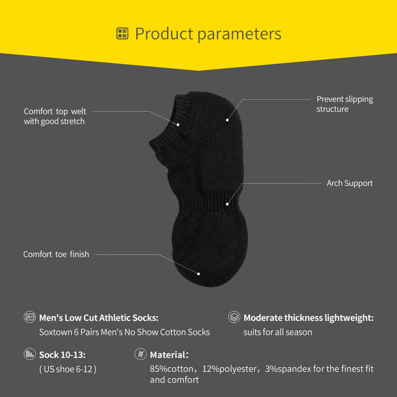 SOX TOWN Men's No Show Socks with Moisture Wicking Performance Cushion Running Low Cut Ankle 6 Pairs Shoe Size: 12-15 Black - BeesActive Australia