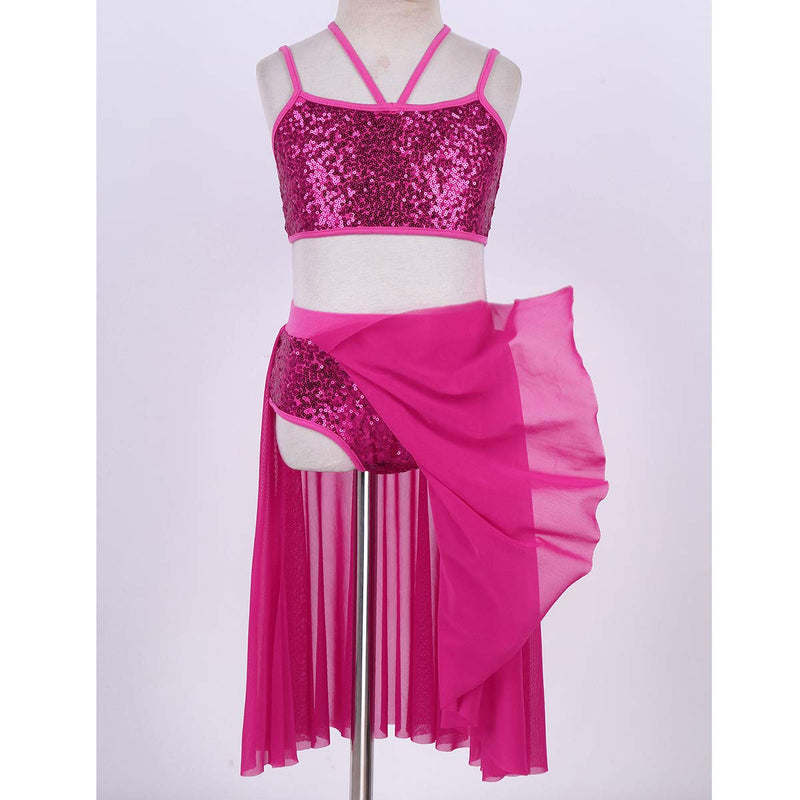 [AUSTRALIA] - iiniim Kids Girls Sequined Ballet Lyrical Dance Dress Camisole Crop Top Irregular Mesh Overlay Skirts Set Rose Red 6 / 7 