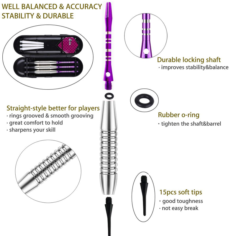 sanfeng Darts Plastic Tip Set - 18g Soft Tip Darts - Nickel Plated Silver Dart Barrel 16 Grams + 50 Anti-Loose O-Rings + 6 Shaft (Aluminum/Nylon 45mm) + 6 Flights + Extra 50 Soft Tips Electronic Dart 1-purple - BeesActive Australia