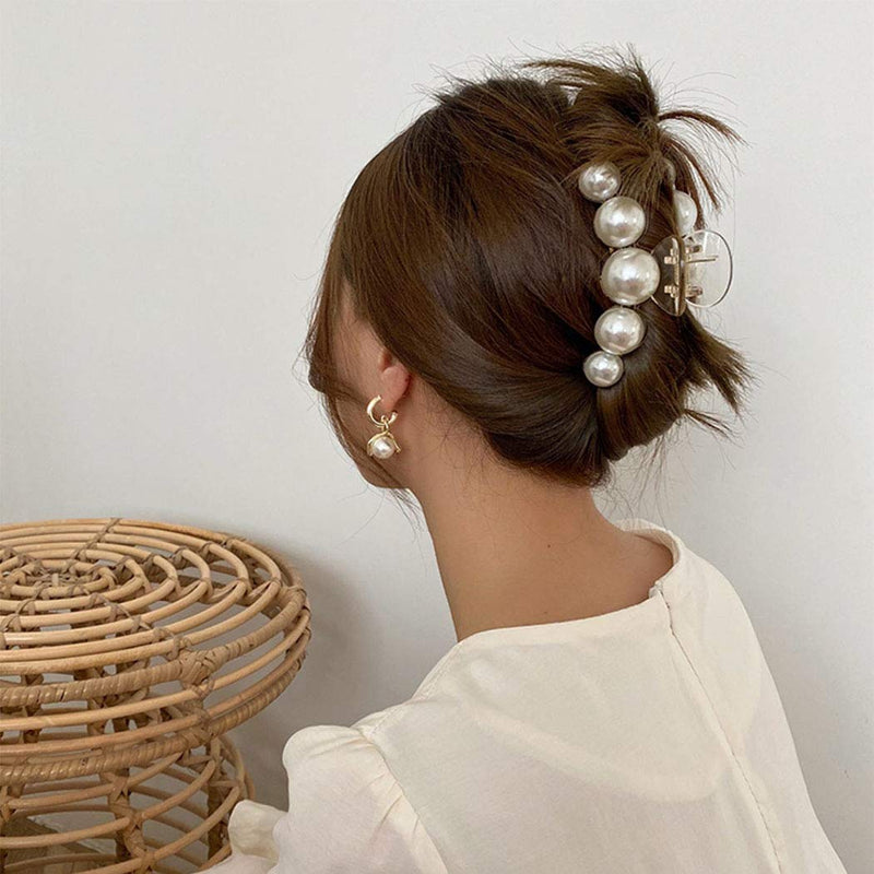 IYOU French Pearl Hair Claw White Large Plastic Banana Clips Hair Claw Clips Thick Nonslip Outdoor Hair Jaw Clips for Women and Girls(3Pcs) - BeesActive Australia