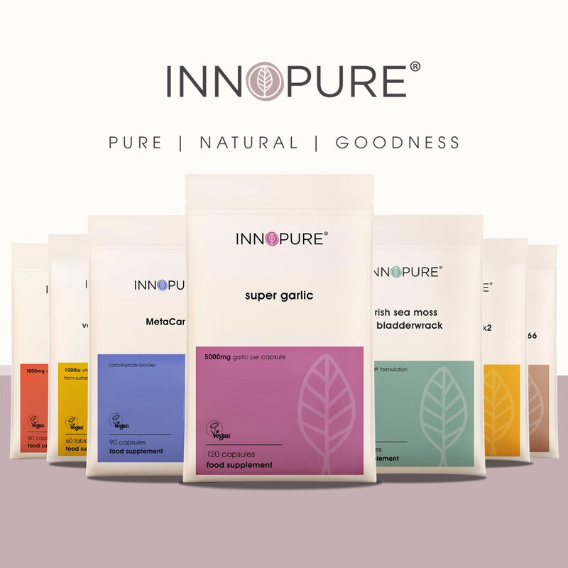 INNOPURE Odourless Garlic 120 Capsules - High Strength 5000mg - Immune Support - Vegan Society Certified - Made in The UK - BeesActive Australia
