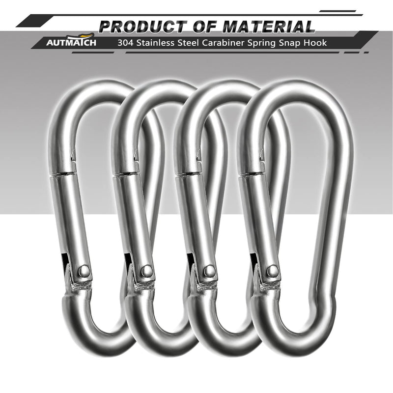 AUTMATCH Carabiner Clips, 3" Spring Snap Hook Caribeener Clips Buckle Heavy Duty Locking Carabiners Chain Quick Links for Camping, Fishing, Hiking, Traveling Etc, 4 Pack M8 - 5/16" (8 X 80mm) Stainless Steel - Silver - BeesActive Australia
