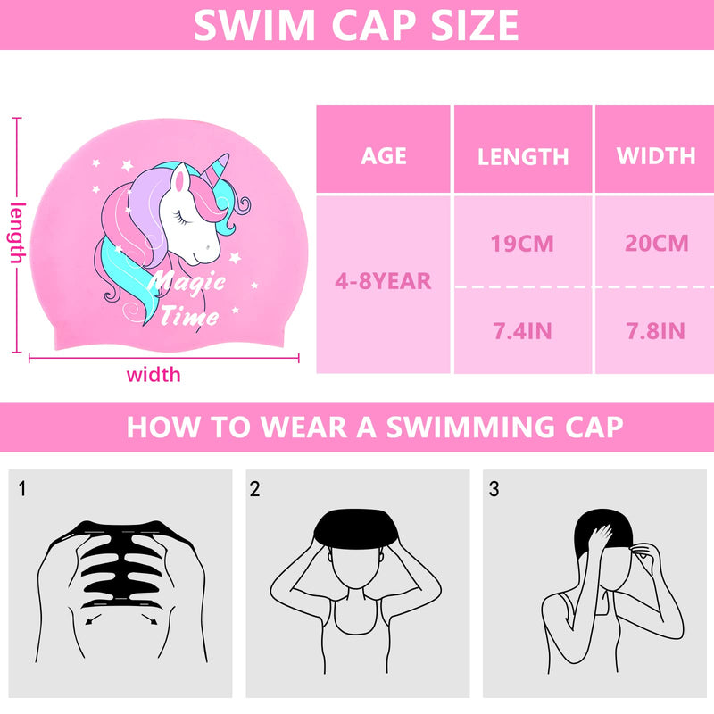Kids Swim Caps for Girls (Age 4-8), Durable Waterproof Silicone Swimming Cap for Short/Long Hair with Swimming Goggles, Ear Plug and Nose Clip - BeesActive Australia