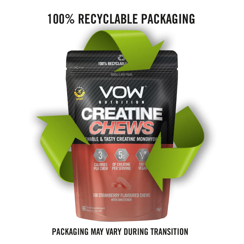 VOW Nutrition Creatine Chews,100 Strawberry Flavoured Chews, Creatine Monohydrate, Convenient & Tasty Chewable Creatine Informed Sports Approved (Strawberry) - BeesActive Australia