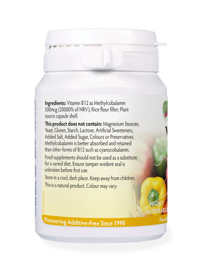 Vitamin B12 Methylcobalamin 500mcg 180 Capsules, Magnesium Stearate Free & No Nasties, B12 contributes to The Reduction of Tiredness and Fatigue, Normal Function of The Immune System, Made in UK - BeesActive Australia