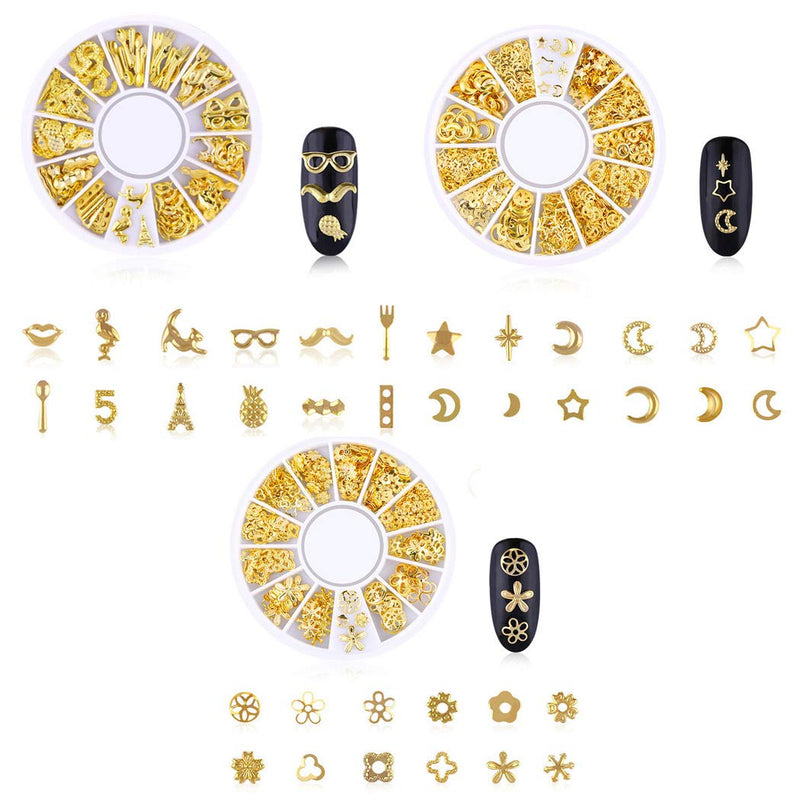 SIPLIV Metal Nail Art Rivet Stripe Heart Hollow Out Star Moon Floral Plants Rivet Nail Art DIY Decoration (6 Boxes) with A Nail Art Star Moon Stickers (4 Pcs) - Gold Gold - 6pcs - BeesActive Australia