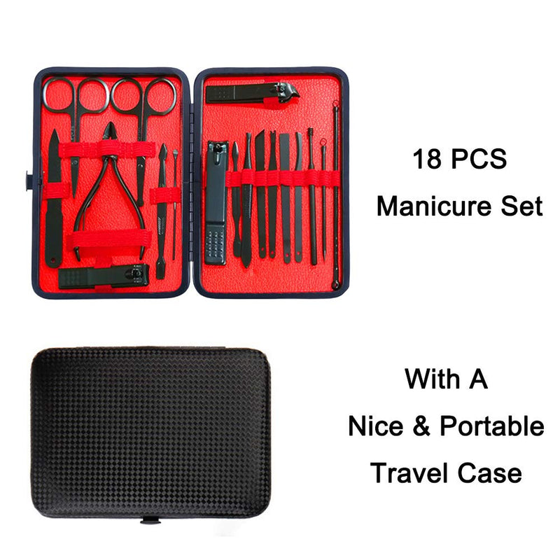 MICPANG Manicure Set Nail Clipper Set 18 in 1 Pedicure Kit Professional Nail Scissors Grooming Kit with Leather Travel Case (Black) 18PCS - BeesActive Australia