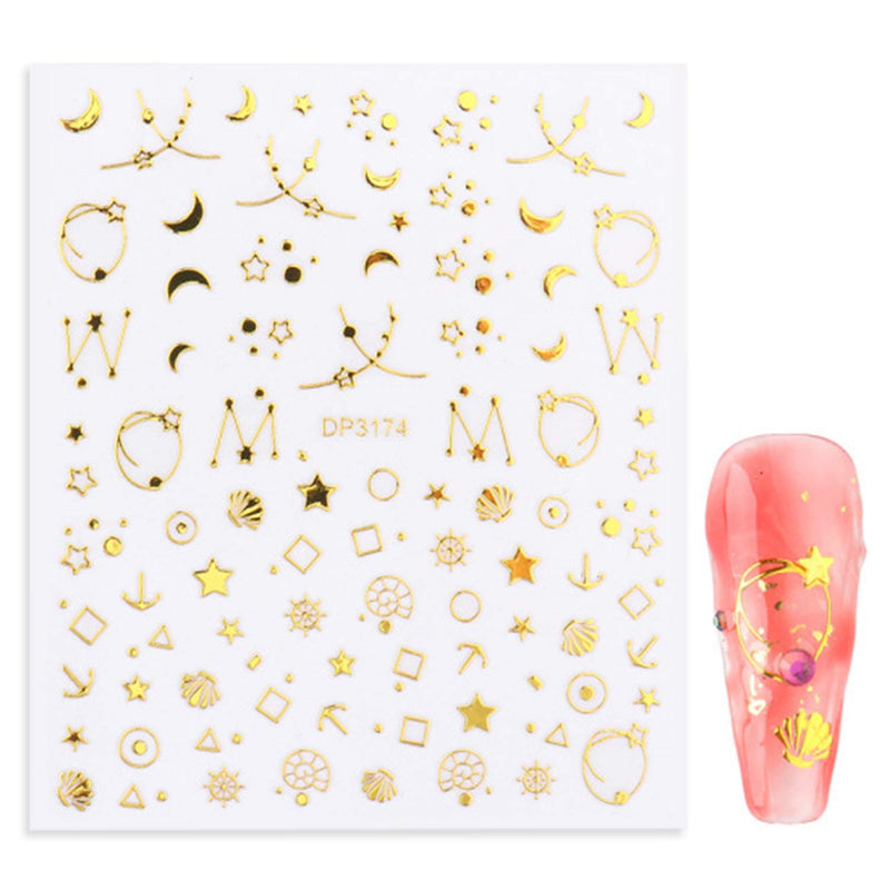 5 Sheet Golden Adhesive Nail Art Sticker Nail Love Star Smiley Space Series Bronzing Nail Applique Decoration Manicure Accessories DIY Set - BeesActive Australia