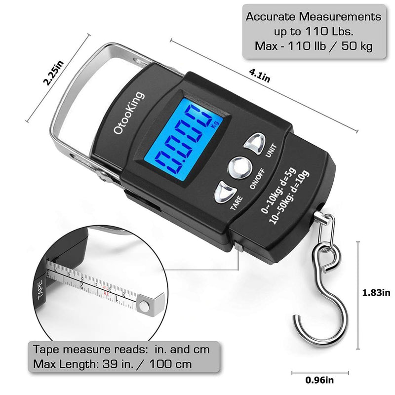 [AUSTRALIA] - Digital Fish Scale fishing weights Scale, hanging scale digital weight Backlight LCD Display 110lb/50kg Electronic Balance Digital Fishing Postal Hanging Hook Scale with Measuring Tape 2AAA Batteries 