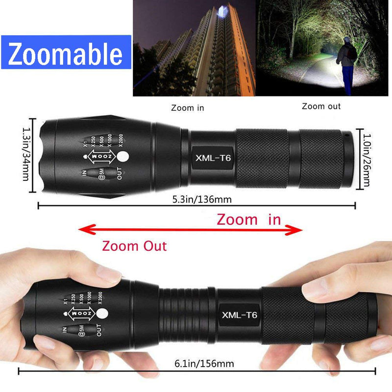 LED Tactical Flashlight, BINWO Super Bright High Lumen XML T6 LED Flashlights Portable Outdoor Water Resistant Torch Light Zoomable Flashlight with 5 Light Modes, 2 Pack Black - BeesActive Australia