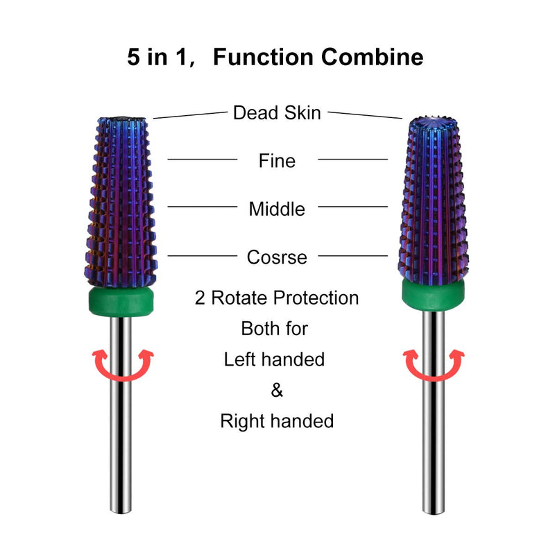 Lavinda 5 in 1 Multi-function Tapered Shape Straight Cut Nail drill bit, Use for both Left and Right Handed, Professional Carbide Tungsten Steel bits for Acrylic Nail Gel Fast Remove (Coarse, Purple) Coarse - BeesActive Australia