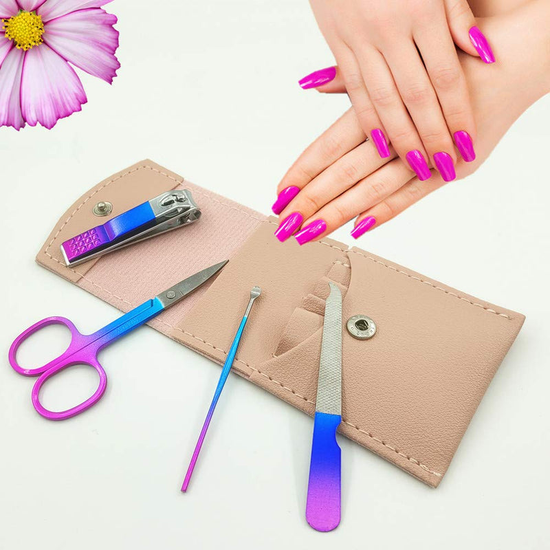 SHICEN Manicure Set, Professional Women Nail Clippers Kit 4PCS， Stainless Steel Nail Cutter Care Tools Professional Grooming Kits, PU Leather Travel Case （Colorful） - BeesActive Australia