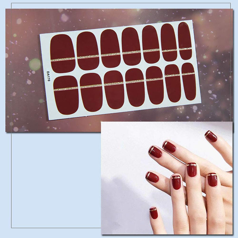 WOKOTO 8 Sheets Adhesive Nail Art Polish Decals Tips With 1Pc Nail File Solid Color Nail Wraps Stickers Strips Set Manicure Design KIT2 - BeesActive Australia