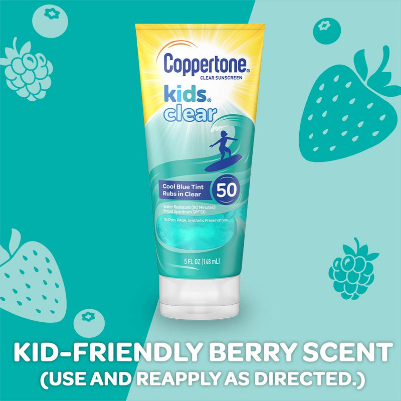 Coppertone 041100586377 Kids Clear Blue SPF 50 Sunscreen Lotion, Water Resistant, Non-Greasy, Broad Spectrum UVA/UVB Protection, Clean, Cool, Berry, 5 Fluid Ounces - BeesActive Australia