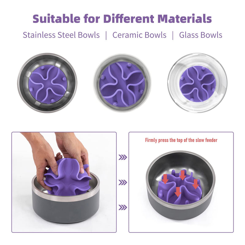 Jaoul Slow Feeder Dog Bowls Insert, Puzzle Slow Feeder with Octopus Suction Cups for Small Medium Large Size Dog Bowls Large(5.5inch) Purple - BeesActive Australia