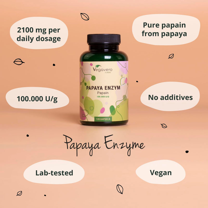 Papaya Enzyme Vegavero� | 2100 mg Papain | 100% Natural: Carica Papaya Fruit Extract | NO Additives | 120 Vegan Capsules - BeesActive Australia