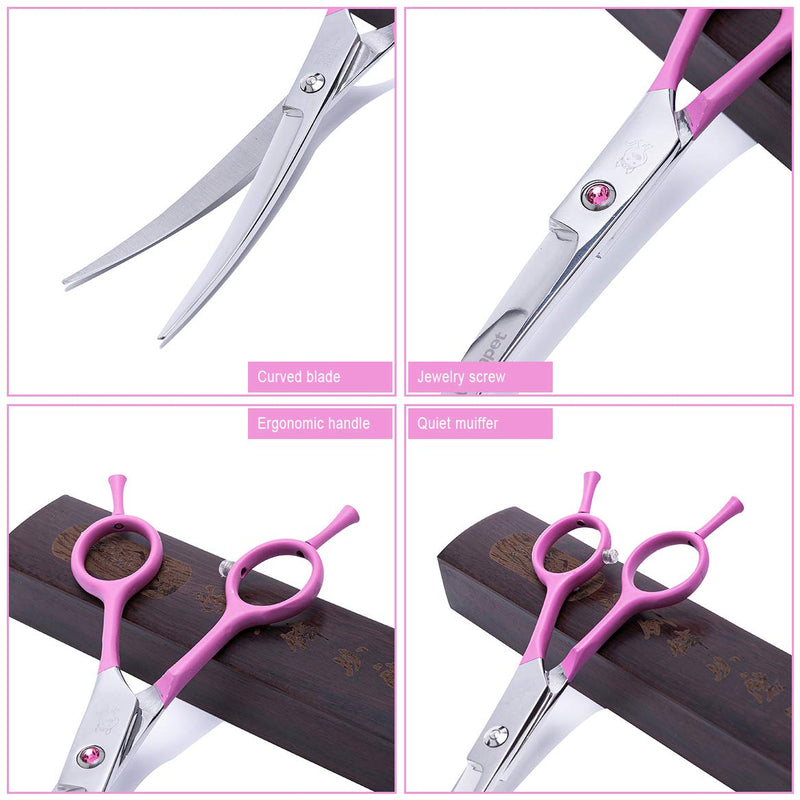 LovinPet 7.5" Left/Right-Handed Pet Curved Dog Scissor/Safety Blunt-tip Grooming Curved Dog Shear/Professional Home Pet Trimming Dog Grooming Scissors for Dogs and Cats (Easy Use) Pink ( Stainless Steel ) - BeesActive Australia