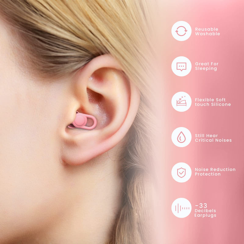 Silicone Ear Plugs for Noise Reduction - Reusable Soft Comfortable Earplugs for Sleeping,Noise Sensitivity & Flights -16 Ear Tips in XS/S/M/L, with 2 Travel Boxes - 33dB Noise Cancelling(Pink) Pink - BeesActive Australia