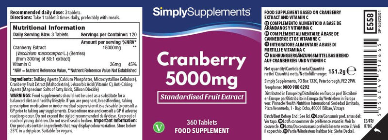 Cranberry 5000mg Tablets | High Strength Cranberry Extract | Vegan & Vegetarian Friendly | Now with Vitamin C for Immune Support | 360 Tablets = Up to 12 Month Supply | Manufactured in The UK - BeesActive Australia