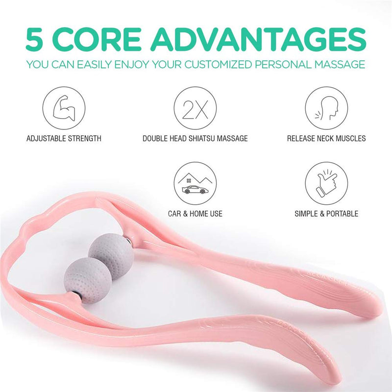 Neck Manual Massager, Portable Handheld Manual Neck Shoulder Massage Tool, Shiatsu Deep Tissue Pressure Trigger Point Neck Pain Relief Massage Roller Muscle Relaxation Massager for Home Office (Pink) Pink - BeesActive Australia