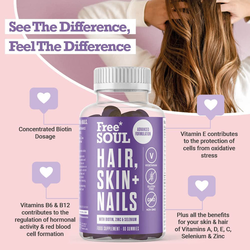 Hair, Skin, & Nails Gummies | Hair Growth & Skin Health Supplement | Biotin Enhanced with Vitamins B6, B12, Zinc, Selenium, E, A, C & D | Skin & Hair Support | 60 Advanced Gummies | Free Soul - BeesActive Australia