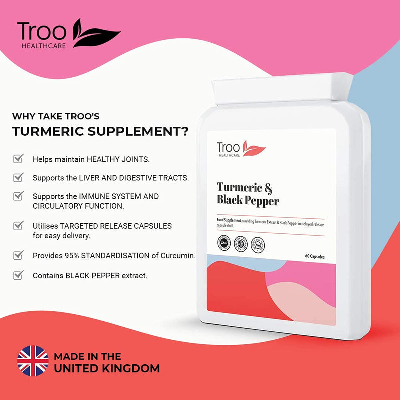 Turmeric Supplement (500 mg) - 60 Capsules with Black Pepper Extract Piperine | Provides 95% Standardisation of Curcumin | UK Manufactured - BeesActive Australia