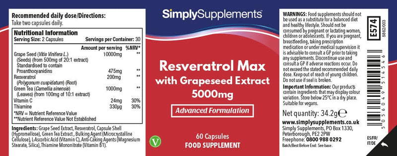 Resveratrol Capsules with Grapeseed Extract 5000mg | Vegan & Vegetarian Friendly | 60 Capsules = 1 Month Supply | Manufactured in The UK - BeesActive Australia