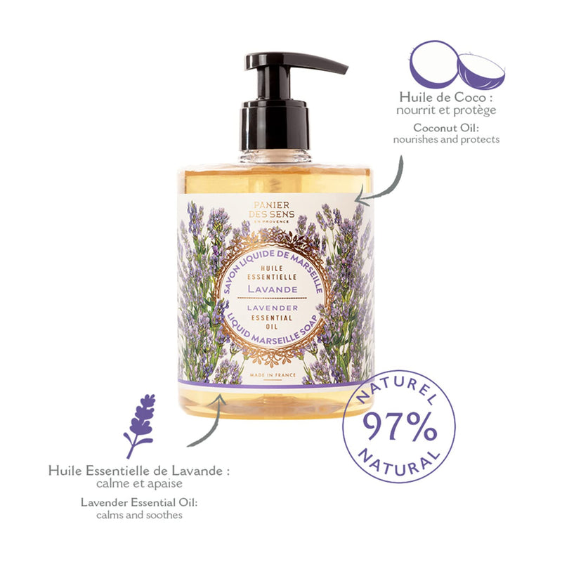 Panier des Sens - Marseille Liquid Hand Soap - Lavender Hand Wash - Moisturizing Soap with Coconut Oil - Bathroom & Kitchen Refillable Soap - 97% Natural Ingredients Made in France - 16.9 Fl.oz - BeesActive Australia