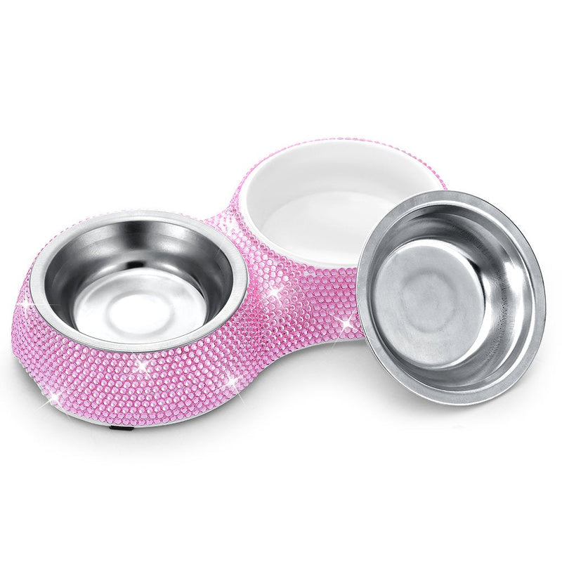 SAVORI Small Dog Bowls Pink, Handmade Bling Rhinestones Stainless Steel Pet Bowls Double Food Water Feeder for Puppy Cats Dogs Cats 320ml-Pink - BeesActive Australia