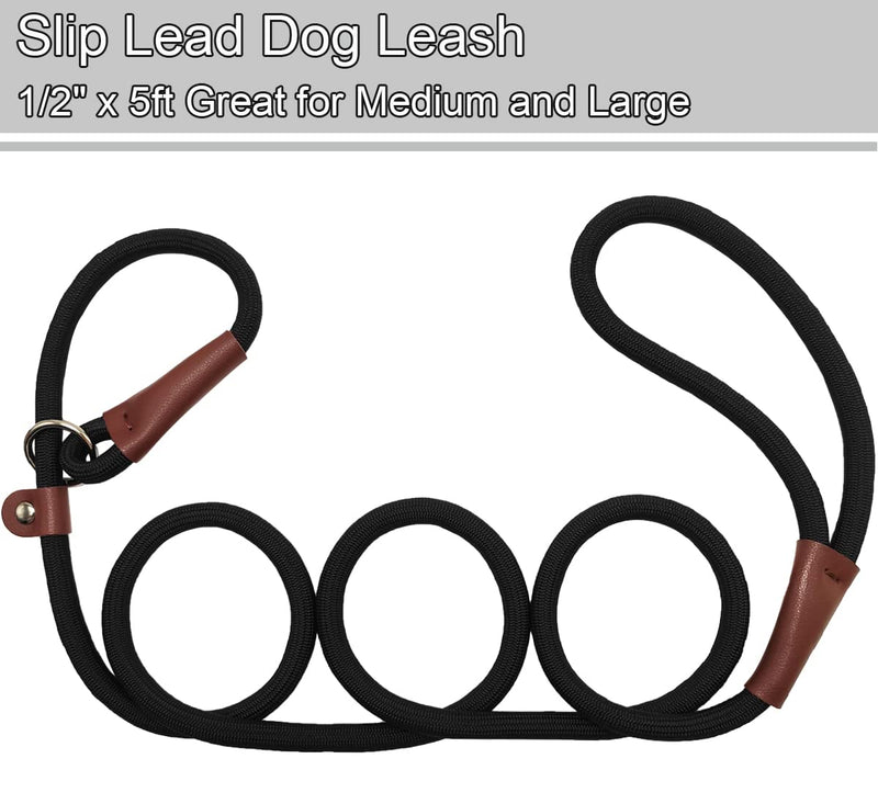 SEPXUFORE Rope Slip Lead Dog Leash, Heavy Duty 1/2” by 5ft Solid Colors 7+ Climbing Nylon Round Dog Training Leash, No Pull Dog Lead Great for Medium and Large 1/2" x 5ft black - BeesActive Australia