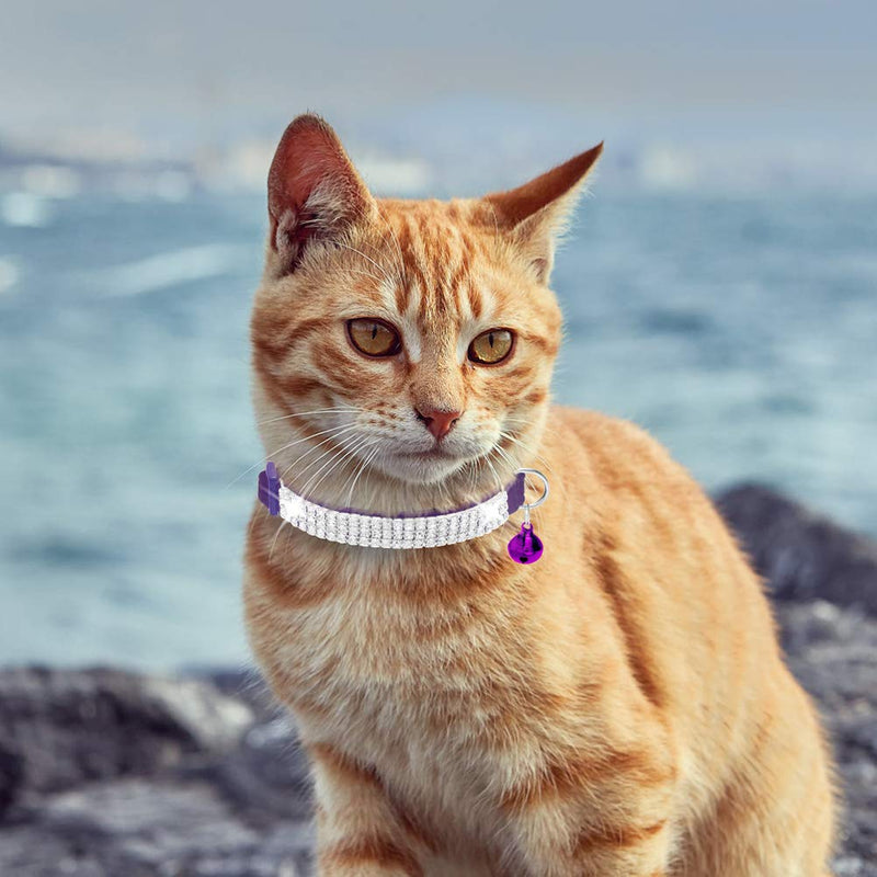 EXPAWLORER Cat Collar Breakaway with Bells - 2 Pack Rhinestones Bling Diamante Collars - Soft Velvet Safe Adjustable Shing Collar for Cats Kitty Girls and Small Dogs Pink + Purple - BeesActive Australia