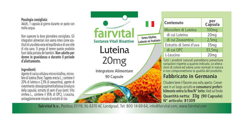 Fairvital | Lutein 20mg - Bulk Pack for 3 Months - Vegan - HIGH Dosage - 90 Capsules - microencapsulated - BeesActive Australia