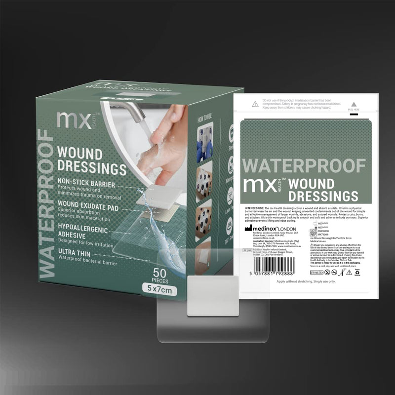 mx HEALTH Waterproof Wound Dressing Film+PAD - 5X7CM (2.5X4CM Wound PAD) - 50 Individually Wrapped DRESSINGS PER Box - BeesActive Australia