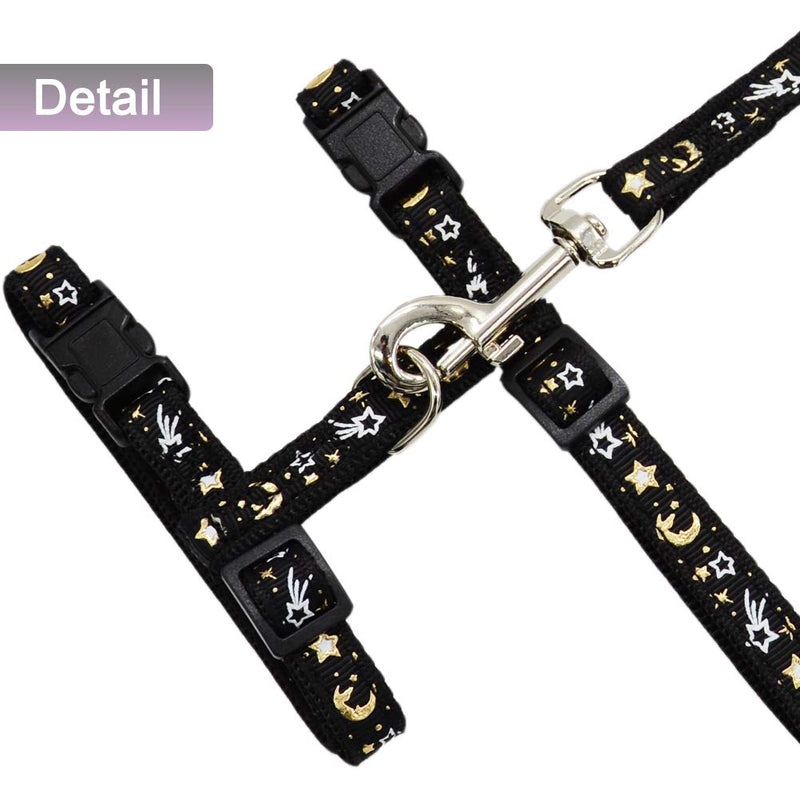 Cat Harness and Leash Set for Outdoor Walking Escape Proof Adjustable Soft Safety Strap with Golden Star and Moon Design Glow in The Dark Black L - BeesActive Australia