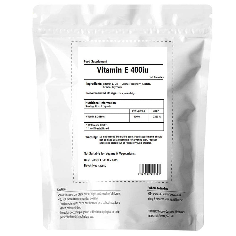 100% Natural and Pure - Vitamin E - Tissue Support - 400 IU (268 mg) - Capsules x 360 - Natural Anti-Oxidant - BeesActive Australia
