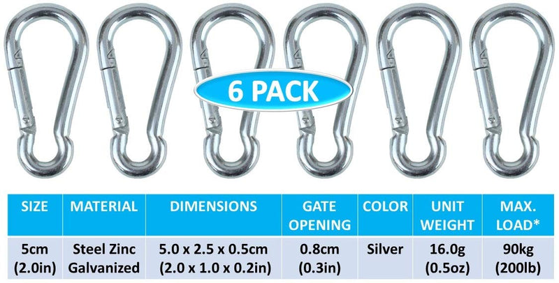Branded Boards Black & Silver Heavy Duty Bushcraft Zinc-Galvanized Steel Carabiner Spring Snap Clip Link Hooks. 200-400lb Load. 6 Packs, 12 Packs and Variety Packs. Silver-5cm-6 Pack - BeesActive Australia